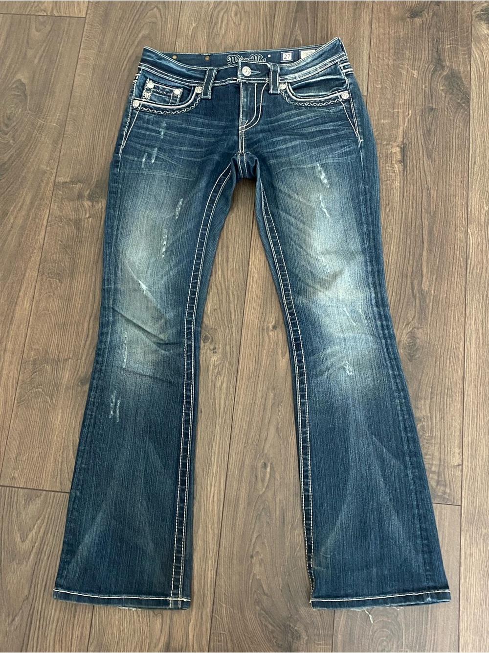 Miss Me Distressed Flare Low Rise Jeans in Dark Blue Wash